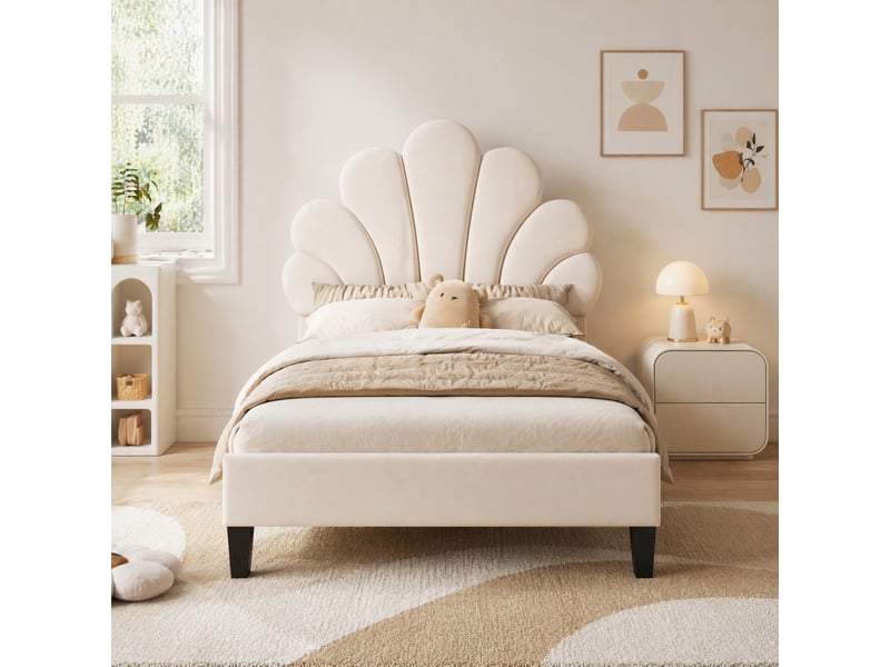 Lit enfant capitonné 90x200 cm à tête de lit fleur, velours beige - Conforama B