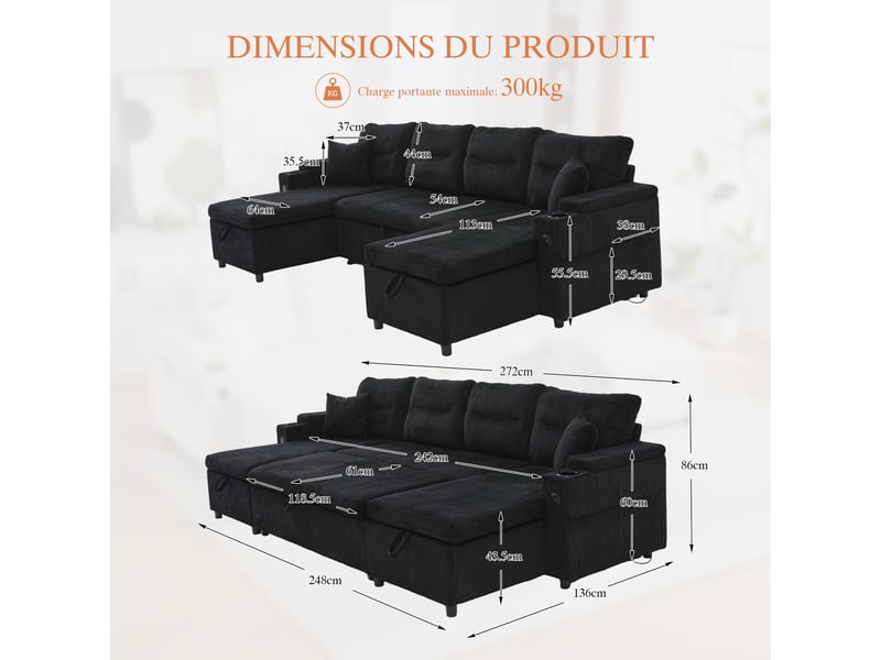 Canapé panoramique 4 places en velours côtelé noir avec rangement et usb-c - Conforama C