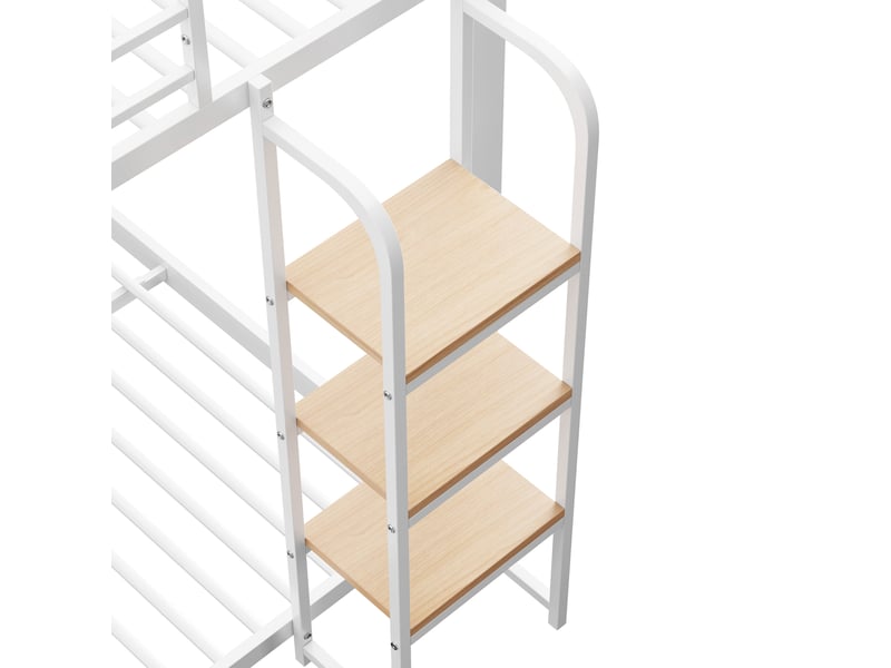  Lit superposé enfant 140x200 cm avec sommier à lattes et marches larges, garde-corps, en mdf et métal, couleur blanc  - Conforama E