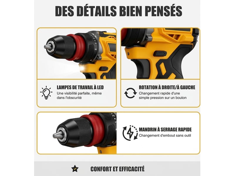  Perceuse visseuse sans fil brushless 45nm, 2 vitesses, éclairage led, avec 2 batteries, chargeur, mallette de transport et accessoires – outil électroportatif pour bricolage et maison  - Conforama D