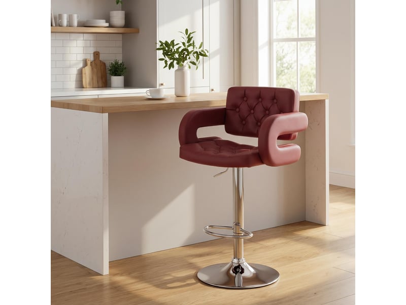 Tabouret de bar avec dossier et accoudoirs, hauteur réglable et repose-pieds, en similicuir rouge  - Conforama D
