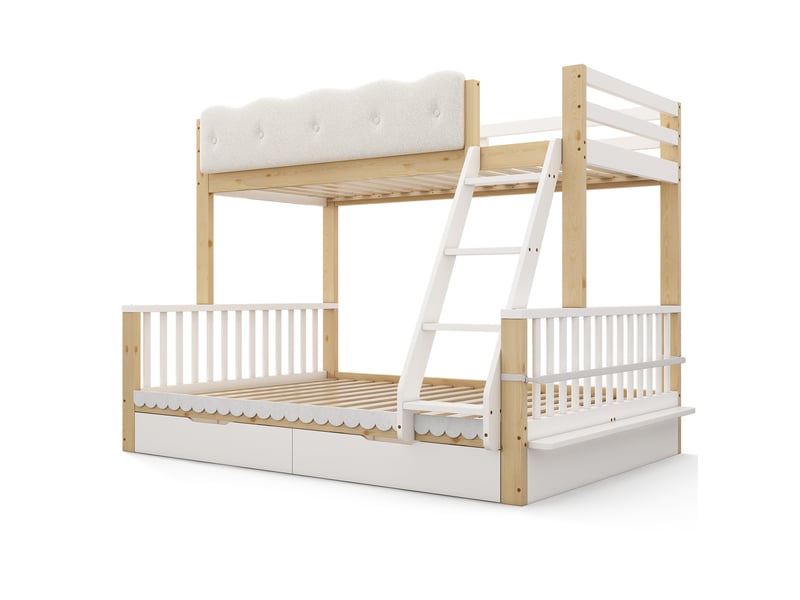  Lit superposé enfant 90x200 et 140x200 cm blanc et chêne en bois, 2 tiroirs et porte-revues latéral  - Conforama D