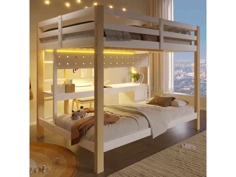  Lit mezzanine avec bureau 90 x 200 cm rangement à tiroirs structure en pin éclairage led support à panneaux perforés format  - Conforama B