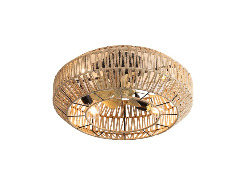 Ventilateur de plafond 56cm style boho avec cage rotin fermé, 6 vitesses moteur dc réversible télécommande, design décoratif pour salon chambre, rotin BUBBLY - Conforama A