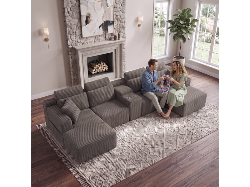  Grand canapé 6 places d'angle en u modulable velours côtelé kaki avec porte-gobelets  - Conforama B