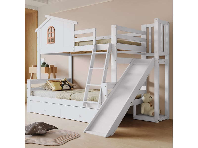  Lit superposé enfant avec toboggan et 2 tiroirs blanc 90x200 et 120x200 cm  - Conforama C