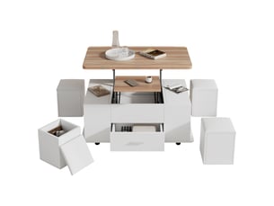 Table basse avec plateau relevable et compartiment caché, tiroir, 4 poufs, 100x50x45 cm blanc et bois
