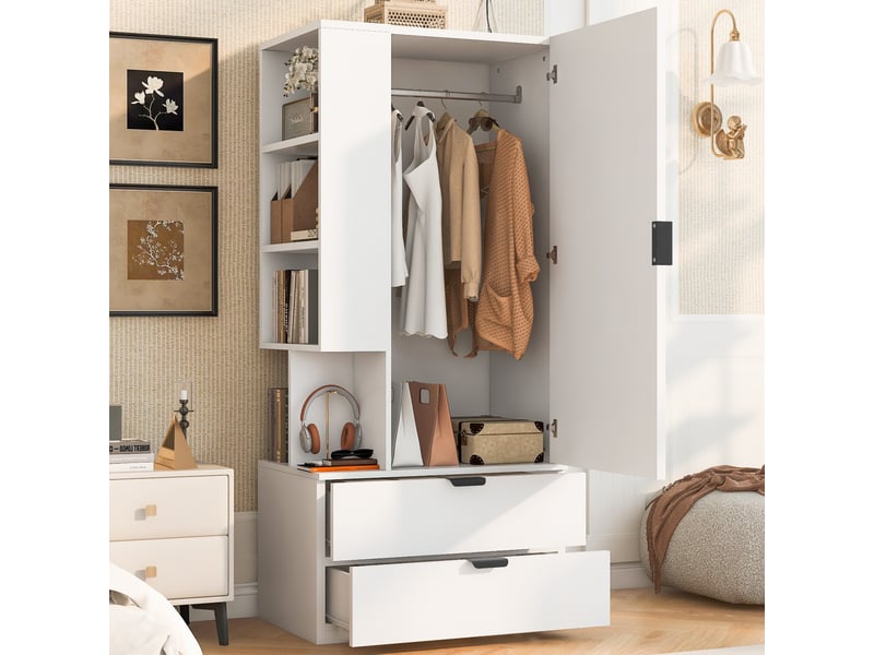 Armoire penderie de chambre 70x50x170 cm - 2 tiroirs - étagères ouvertes - espace penderie - bois et bois reconstitué - blanc - Conforama B