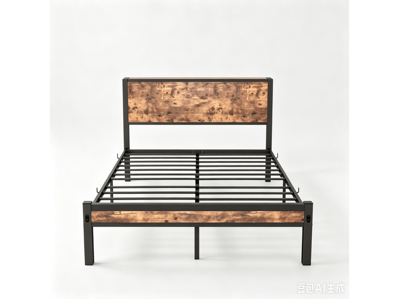  Cadre de lit 120x200, tête de lit avec rangement, plateforme robuste, lit en métal marron vintage  - Conforama A