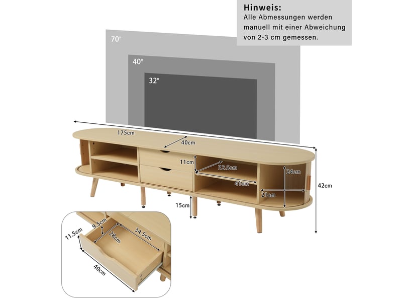  Meuble tv mdf 175x40x42 cm - 2 tiroirs, plateau arrondi, meuble bas fonctionnel  - Conforama C