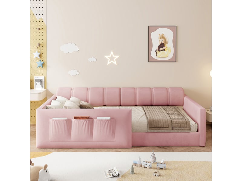  Lit  enfant capitonné 90x200 – avec sommier à lattes – rose (matelas non inclus)  - Conforama R