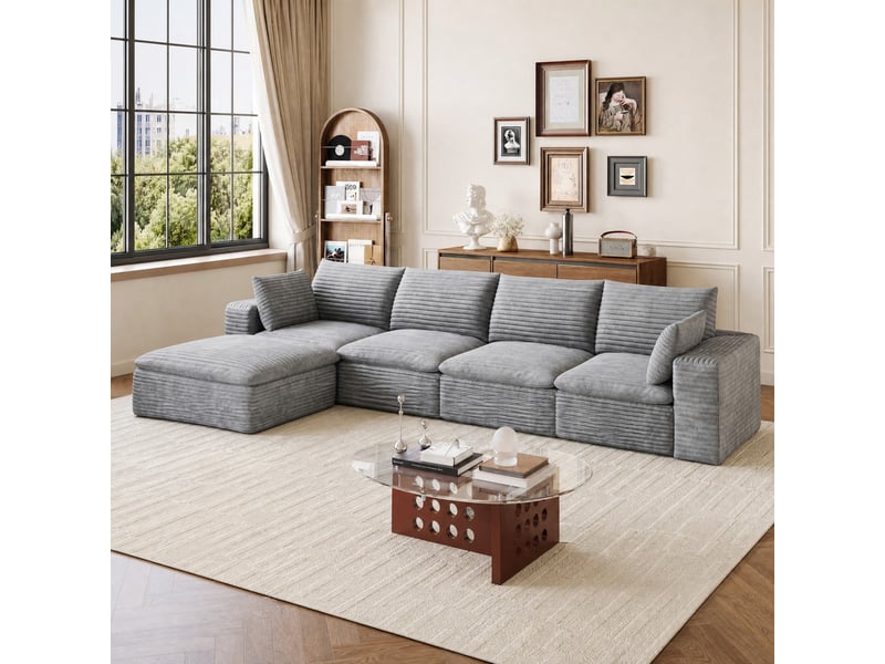 Canapé modulaire tcqpz 5 places 340 x 160 x 82 cm avec chaise longue velours côtelé gris foncé coussins amovibles sans montage - Conforama E