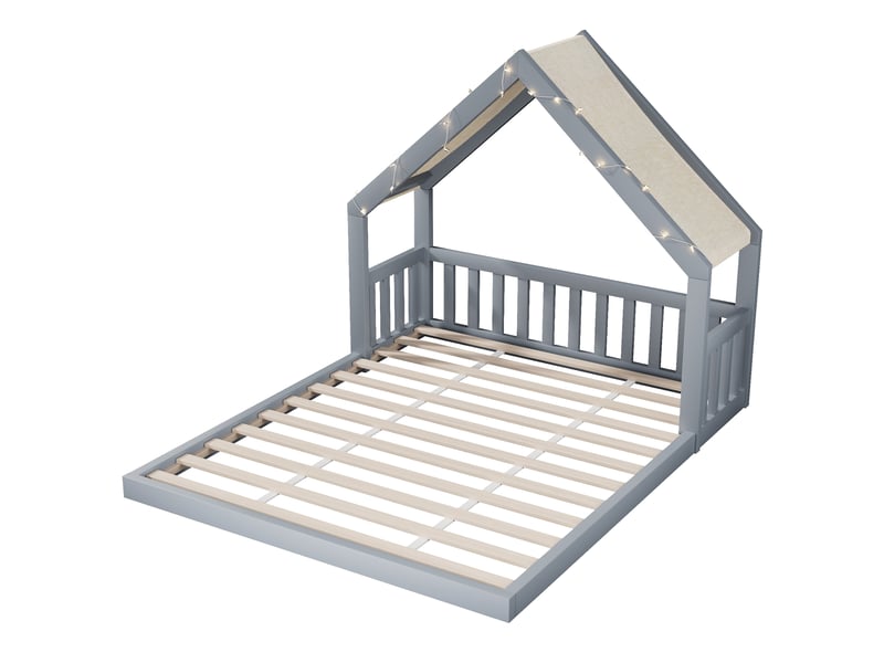  Lit cabane enfant 140x200 cm avec toit en tissu et guirlande lumineuse, gris, sans matelas  - Conforama D