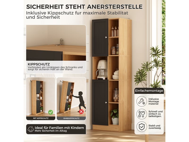 Armoire d'angle cuisine meuble d'angle haut avec 6 étagères ouvertes et 2 portes, anthracite et chêne, 50x35.5x170cm - Conforama W