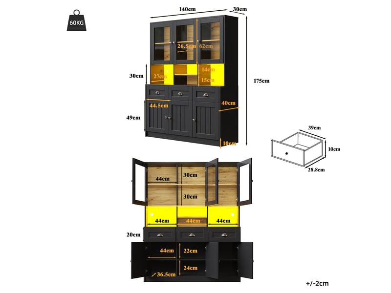  Buffet de cuisine haut 140x175 cm, meuble vaisselier étroit avec tiroirs intégrés et étagères réglables, solution de rangement optimisée pour petites cuisines  - Conforama C