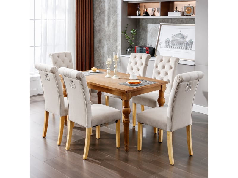  Lot de 4 chaises de salle à manger en velours beige avec pieds en chêne massif  - Conforama D