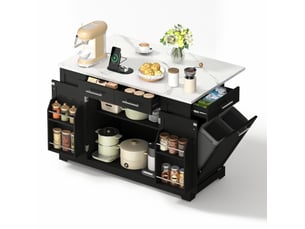 Desserte de cuisine avec plateau rabattable, 3 portes de rangement, prises et roulettes freinées, 138 × 86 × 92 cm