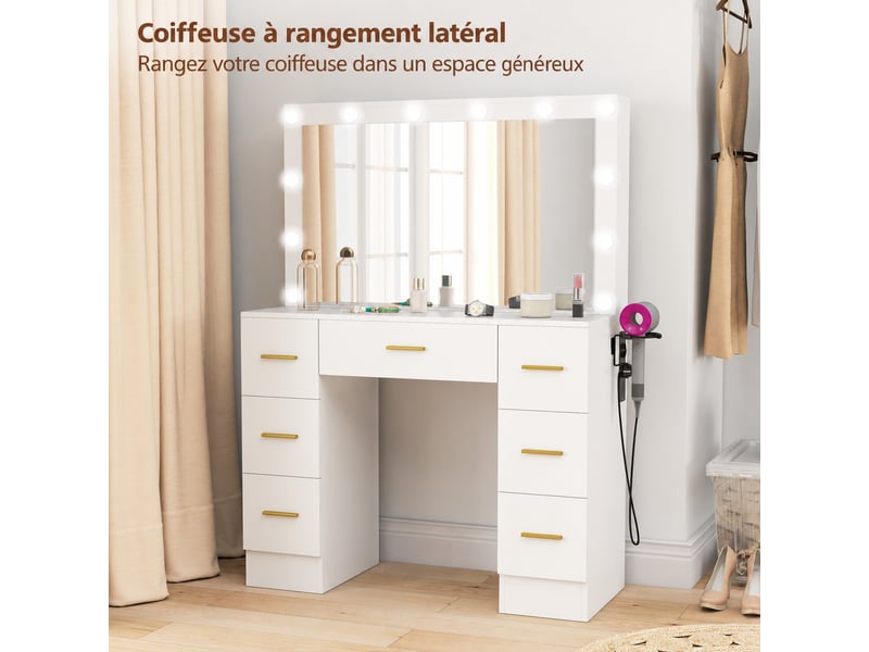  Coiffeuse blanche avec miroir lumineux, 12 led, 7 tiroirs et 6 compartiments cachés, 100 x 40 x 137 cm  - Conforama D