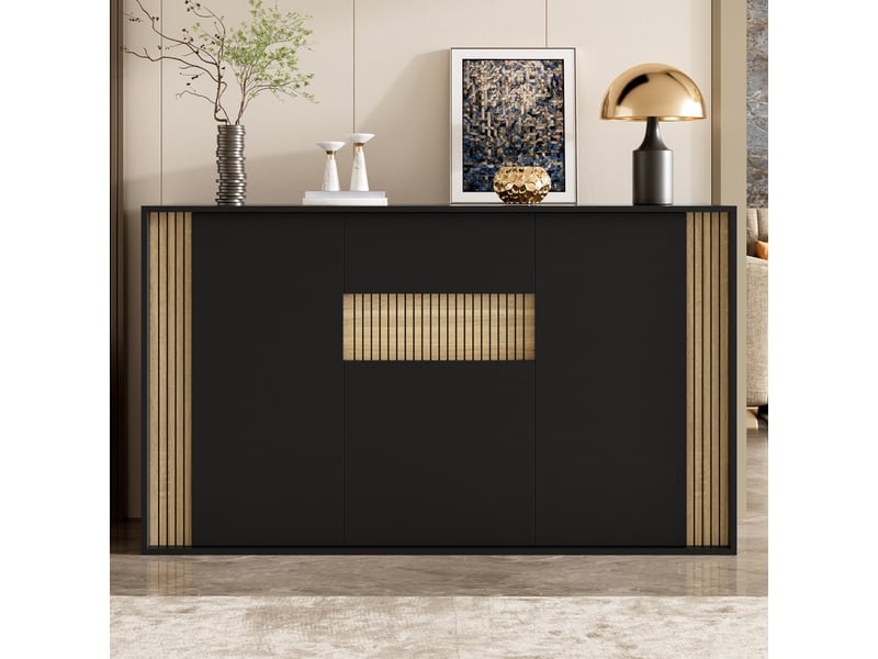 Buffet noir et bois naturel 140x40x82 cm, meuble de rangement 3 portes 1 tiroir avec led - Conforama R