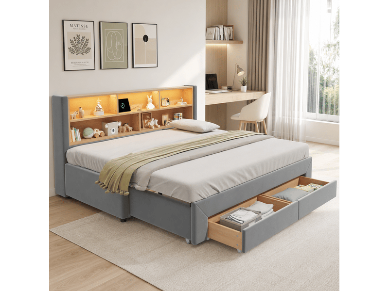  Lit banquette enfant extensible 90x200 à 180x200 cm, 2 tiroirs, velours gris  - Conforama E