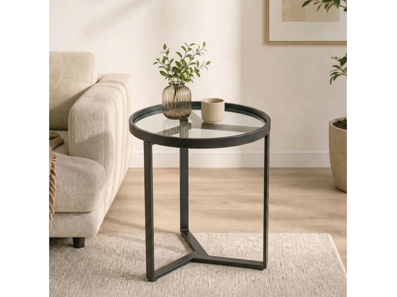  Table d'appoint ronde 45x45x50 cm plateau en verre trempé métal noir  - Conforama B