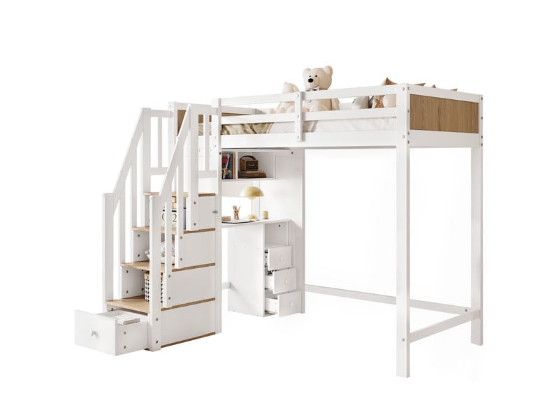  Modenvie lit mezzanine enfant 90x200 cm - bureau 3 tiroirs, rangement integre, sans matelas - blanc  - Conforama A