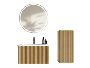 Meuble sous vasque avec miroir led et colonne de salle de bain, rangement mural, vasque en résine, finition chêne et blanc