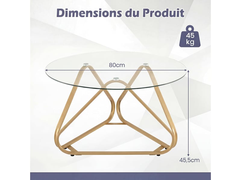  Table basse ronde en verre trempé, table de salon transparente avec structure métallique triangulaire, charge 45 kg, table d'appoint moderne (or)  - Conforama D