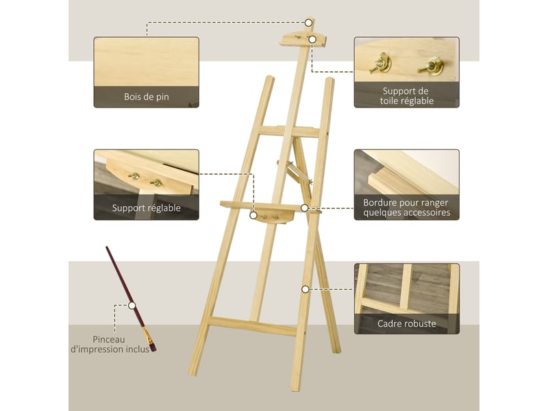  Chevalet d'artiste sur pieds dim. 51,5l x 71,5l x 134,5h cm inclinaison réglable hauteur 90° max. Bois de pin  - Conforama E