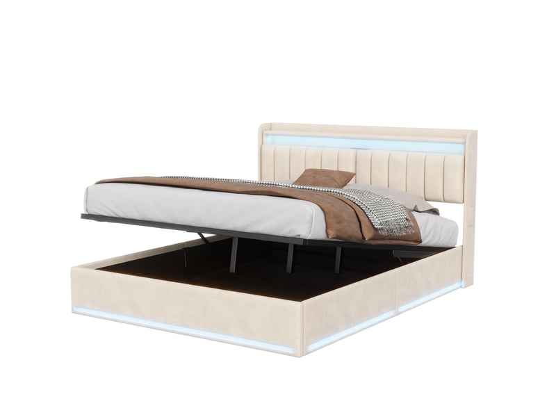 Lit coffre 140x200 cm avec led et usb,lit double rembourré , rangement de tête de lit ,hydraulique, velours, beige - Conforama A