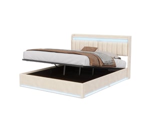 Lit coffre 140x200 cm avec led et usb,lit double rembourré , rangement de tête de lit ,hydraulique, velours, beige