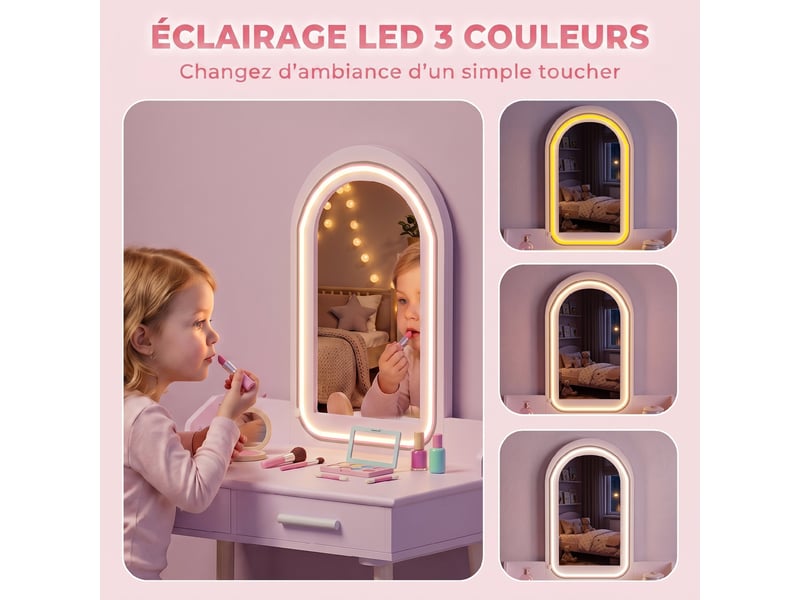  Coiffeuse enfant avec miroir led et 2 tiroirs en mdf et pin rose 60 x 36 x 100 cm  - Conforama D
