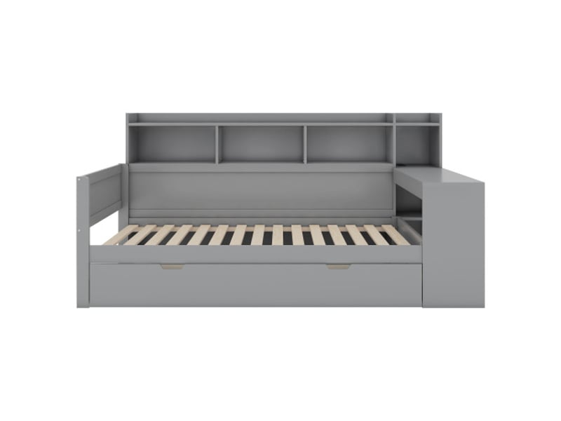  Canapé-lit, méridienne, 90 x 200 cm, avec table de chevet et étagère sous table, lit avec prise électrique et port usb, 2 tiroirs, bureau, sans matelas, panneaux de particules, gris  - Conforama D