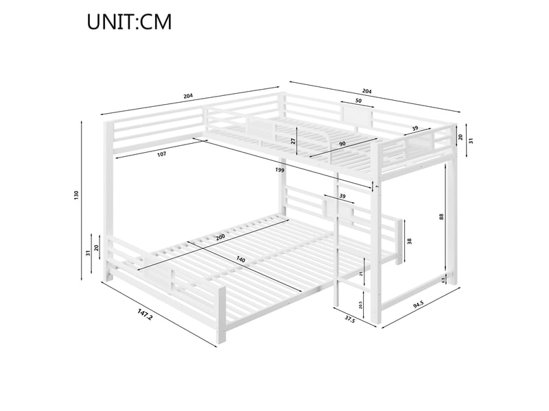  Lit superposé en angle 90x200 sur 140x200 gain de place avec barrières de sécurité en métal blanc  - Conforama C