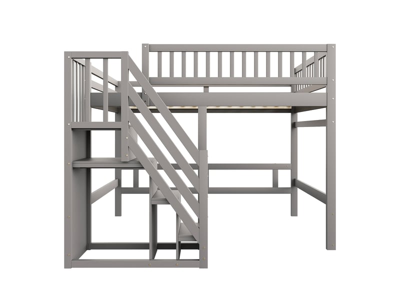  Lit mezzanine 140x200 cm, cadre de lit double en bois massif, lit enfant avec placard de rangement, gris  - Conforama B