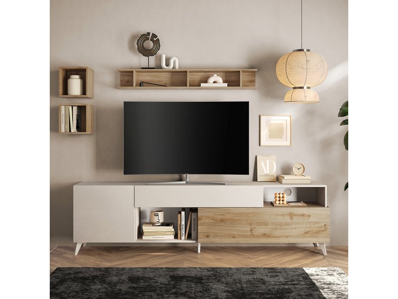 Meuble tv moderne blanc bois avec tiroir et 2 portes 241x42x67cm clere - chêne - blanc  - Conforama C