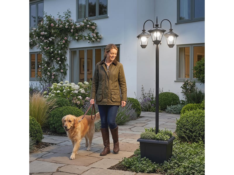  Lampadaire solaire avec pot de fleurs, hauteur réglable jusqu'à 185 cm, lanterne de jardin extérieure à 3 têtes d'éclairage, contrôle de la lumière  - Conforama D