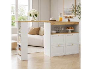 Îlot de cuisine pivotante 360° blanche avec 4 tiroirs et étagères ouvertes