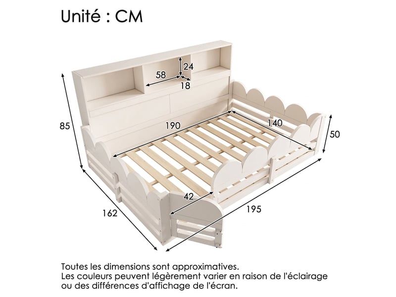  Lit au sol enfant 140x190 blanc en bois avec barrière et porte  - Conforama C