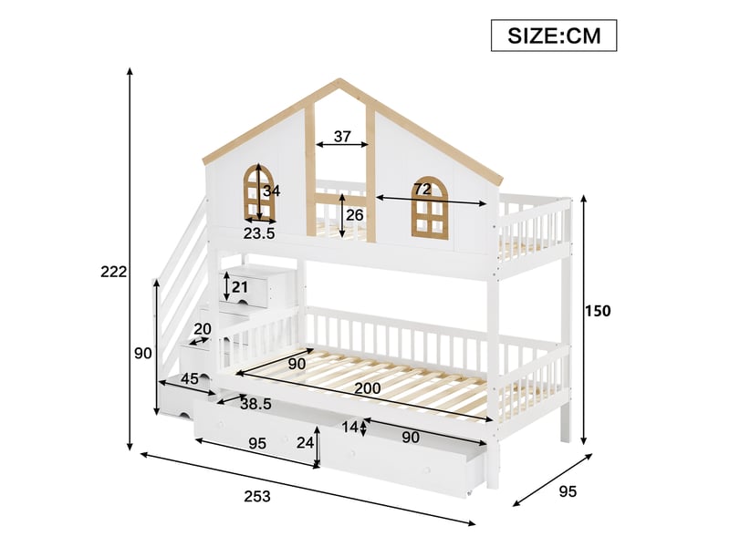  Lit superposé enfant 2 x 90 x 200 cm avec escalier de rangement et 2 tiroirs Fay Lum - Conforama C