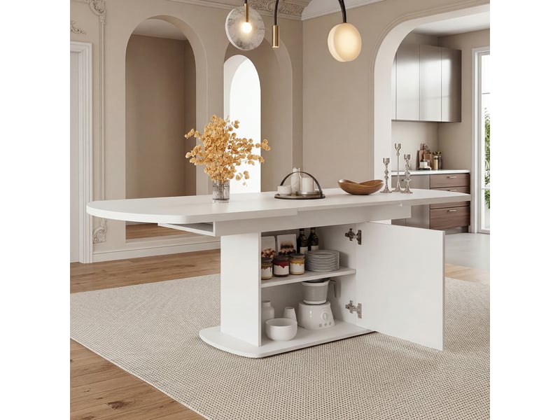  Table à manger ovale extensible 140200x80 cm avec rangement, gain de place, table de cuisine multifonction - blanc  - Conforama B