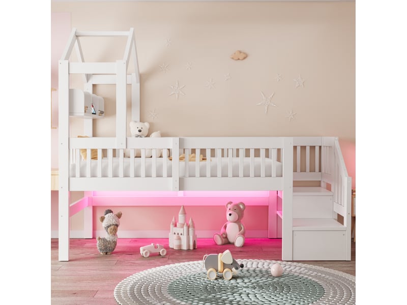 Lit surélevé enfant 90x200 cm, cadre toit, rangements, usb, led, garde-corps, bois de pin, blanc, sans matelas - Conforama B