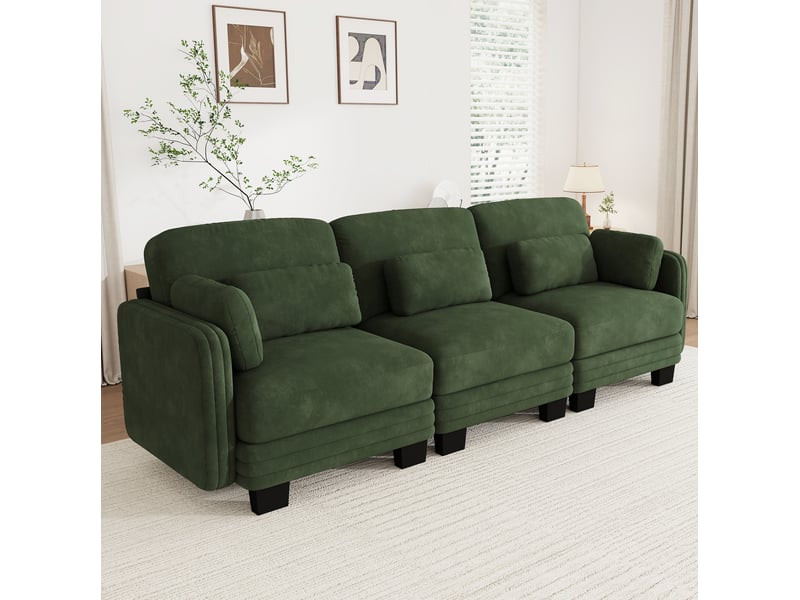  Canapé droit modulaire 3 places 253x88x88 cm, coussins lombaires et accoudoirs, structure bois, chenille vert  - Conforama B