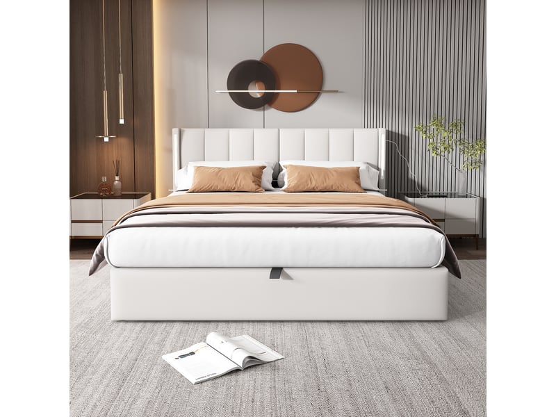  Lit binaural led 140x190 cm avec tête réglable, rangements et recharge usb, galet pu blanc, sans matelas  - Conforama D