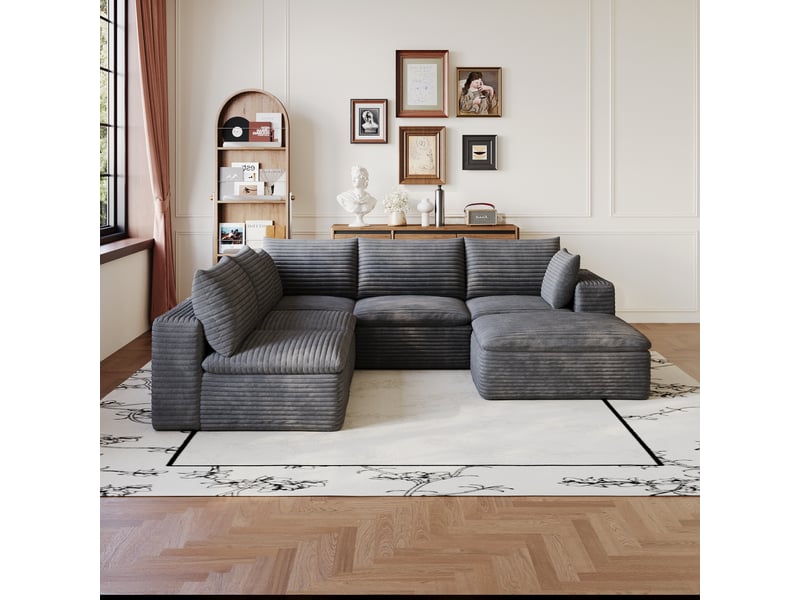  Grand canapé nuage en velours côtelé 6 places gris foncé, design double couche avec housse amovible, 260x250cm, confort optimal pour le salon.  - Conforama E