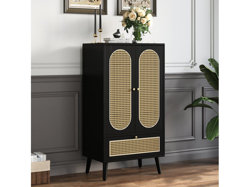Buffet haut modenvie noir avec façades en rotin 60 x 40 x 110,5 cm, 2 portes et 1 tiroir - Conforama E