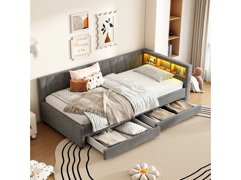  Lit banquette 90x200 cm gris avec 2 tiroirs, led, usb et usb-c  - Conforama B