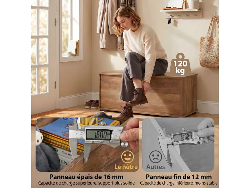 Coffre de rangement, banc de rangement avec couvercle rabattable et charnières de sécurité, marron, 100 x 40 x 40 cm - Conforama R