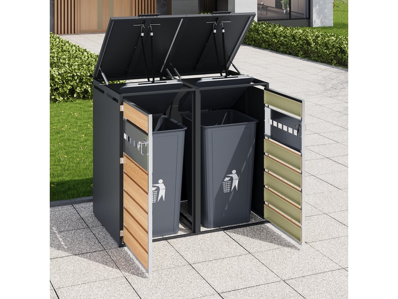Abri poubelle à double compartiment avec couvercle relevable verrouillable - en acier gris et bois - Conforama C