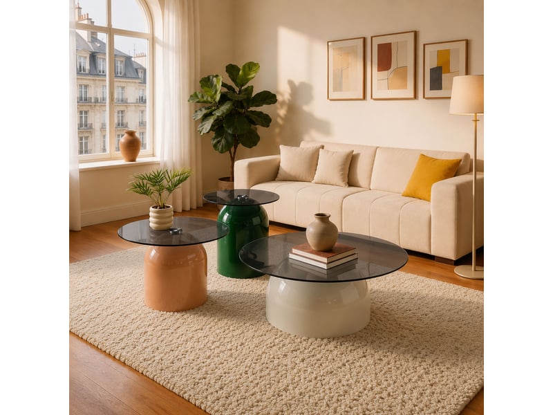  Lot de 3 tables basses 3 couleurs en verre trempé et acier carboné, piétement demi-sphère  - Conforama C